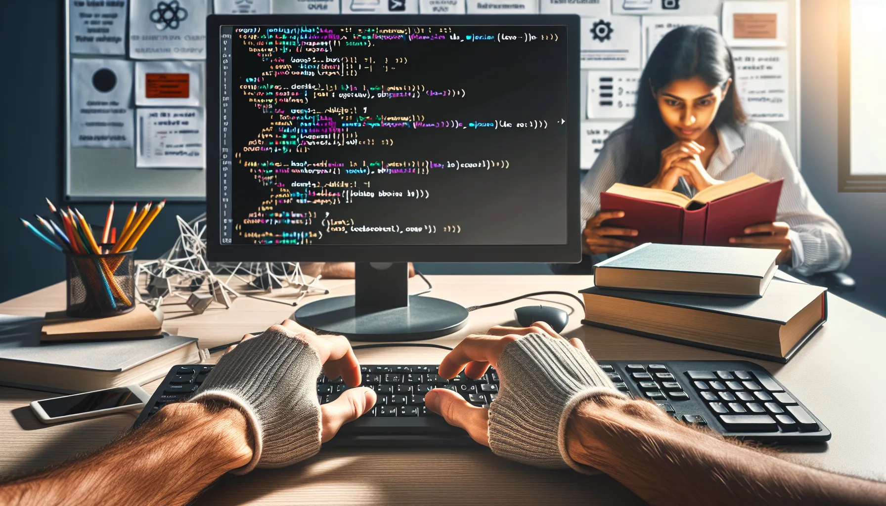 Иллюстрация к статье «Программирование с нуля: вдохновляющий старт для новичков» — Молодой человек славянской внешности сидит за ноутбуком, увлечённо изучает…