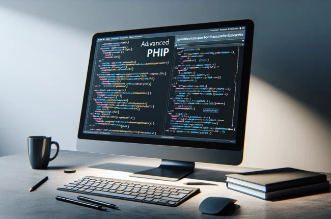 Иллюстрация к статье «Продвинутые приёмы PHP: оптимизация и лучшие практики от экспертов» — молодой мужчина славянской внешности за рабочим столом, сосредото…