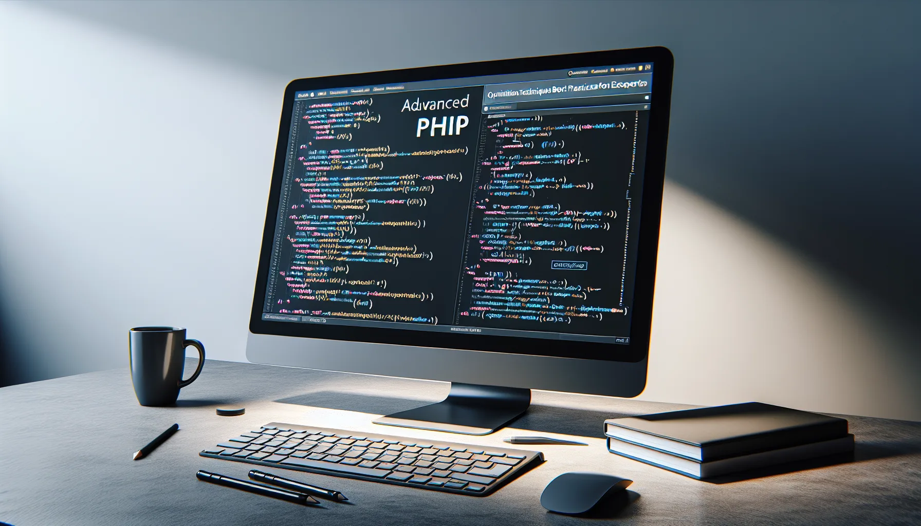 Иллюстрация к статье «Продвинутые приёмы PHP: оптимизация и лучшие практики от экспертов» — молодой мужчина славянской внешности за рабочим столом, сосредото…