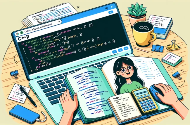 Иллюстрация к статье «Простое руководство по изучению C++ для новичков» — молодой человек славянской внешности, изучающий программирование на ноутбуке, на эк…