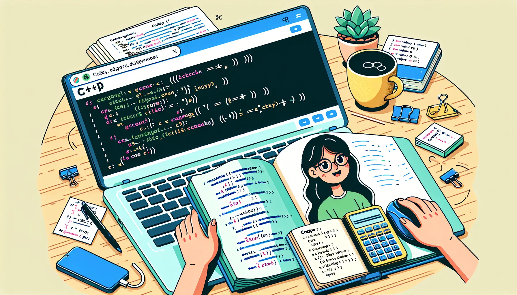 Иллюстрация к статье «Простое руководство по изучению C++ для новичков» — молодой человек славянской внешности, изучающий программирование на ноутбуке, на эк…