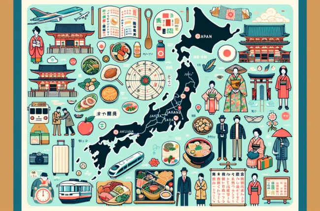 Иллюстрация к статье «Путешествие в Японию: что нужно знать перед поездкой» — молодая славянская пара с чемоданами рассматривает карту или телефон на фоне яп…