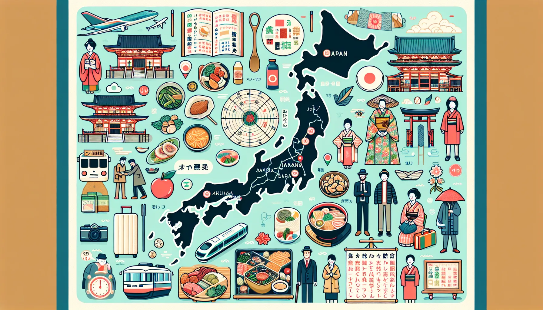 Иллюстрация к статье «Путешествие в Японию: что нужно знать перед поездкой» — молодая славянская пара с чемоданами рассматривает карту или телефон на фоне яп…