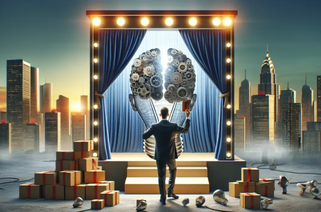 Иллюстрация к статье «Разоблачая Илона Маска: где грань между гениальностью и безумием?» — Мужчина славянской внешности среднего возраста, в деловом костюме,…