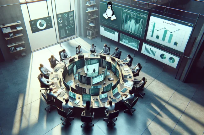 Иллюстрация к статье «Распространенность Linux в бизнесе: факты и цифры 2023» — группа людей за круглым столом, обсуждающих использование Linux в бизнесе, со…