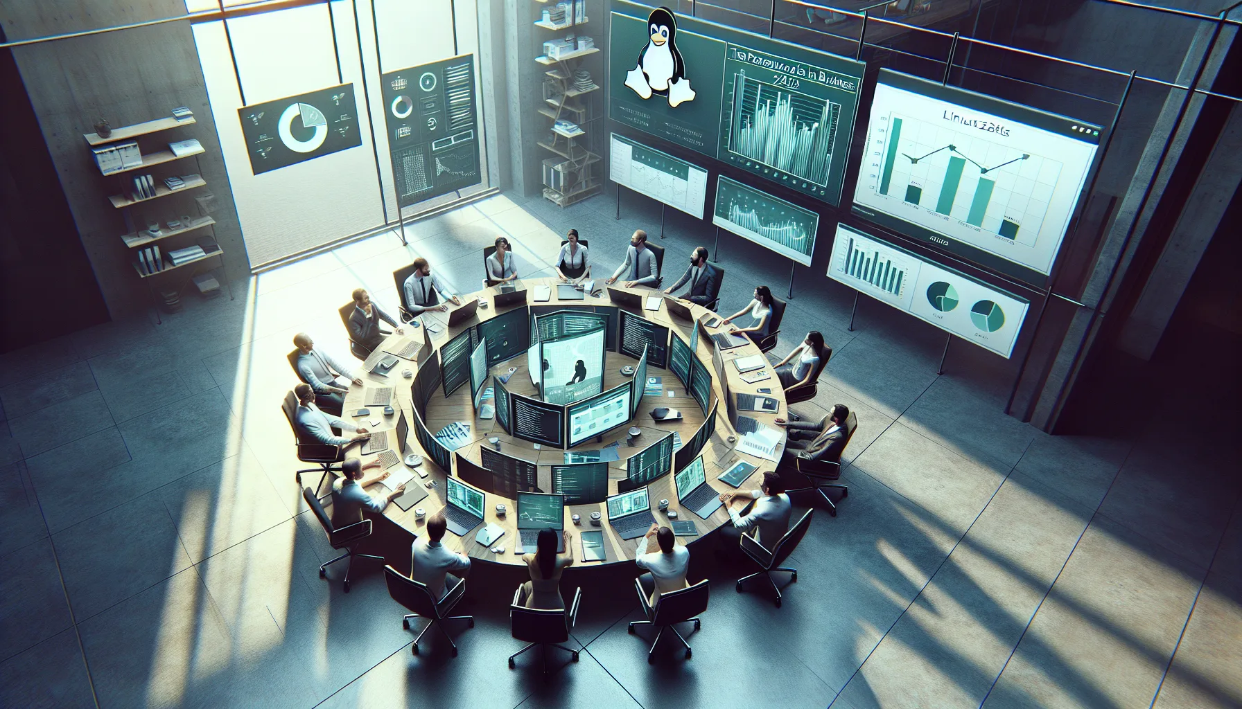 Иллюстрация к статье «Распространенность Linux в бизнесе: факты и цифры 2023» — группа людей за круглым столом, обсуждающих использование Linux в бизнесе, со…
