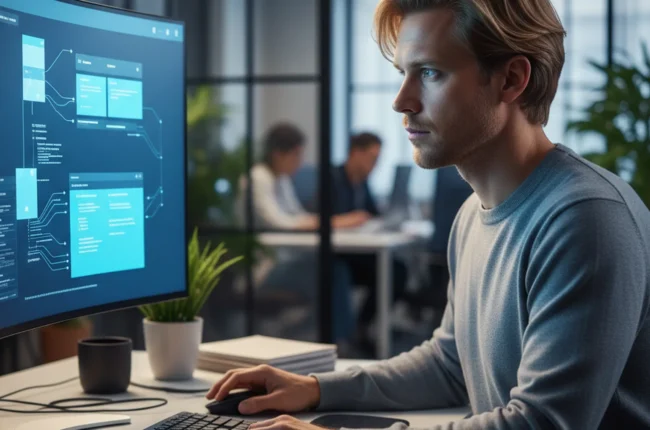 Иллюстрация к статье «Реальные кейсы Manus AI: Как автоматизировать создание и поддержку сайтов» — Профессиональный веб-разработчик славянской внешности (све…