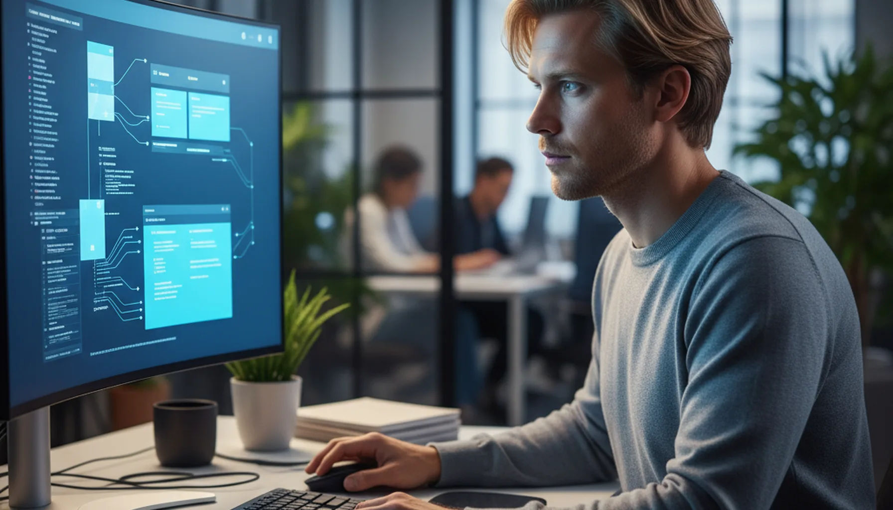 Иллюстрация к статье «Реальные кейсы Manus AI: Как автоматизировать создание и поддержку сайтов» — Профессиональный веб-разработчик славянской внешности (све…
