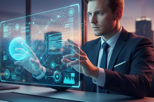 Иллюстрация к статье «Революция в автоматизации: Топ уникальных функций Manus AI в детальном обзоре» — A focused professional with Slavic appearance (Eastern…