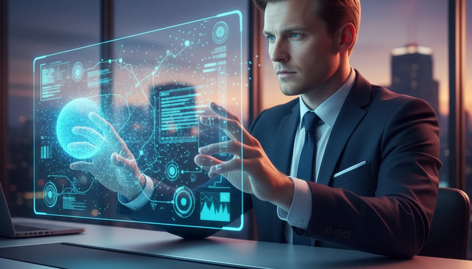 Иллюстрация к статье «Революция в автоматизации: Топ уникальных функций Manus AI в детальном обзоре» — A focused professional with Slavic appearance (Eastern…