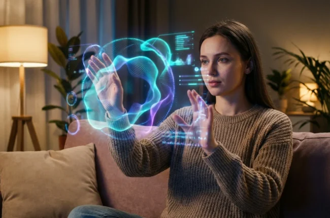 Иллюстрация к статье «Революция в каждом доме: ТОП-7 AI-технологий, которые стоит попробовать сегодня» — Молодая женщина славянской внешности в домашней обст…