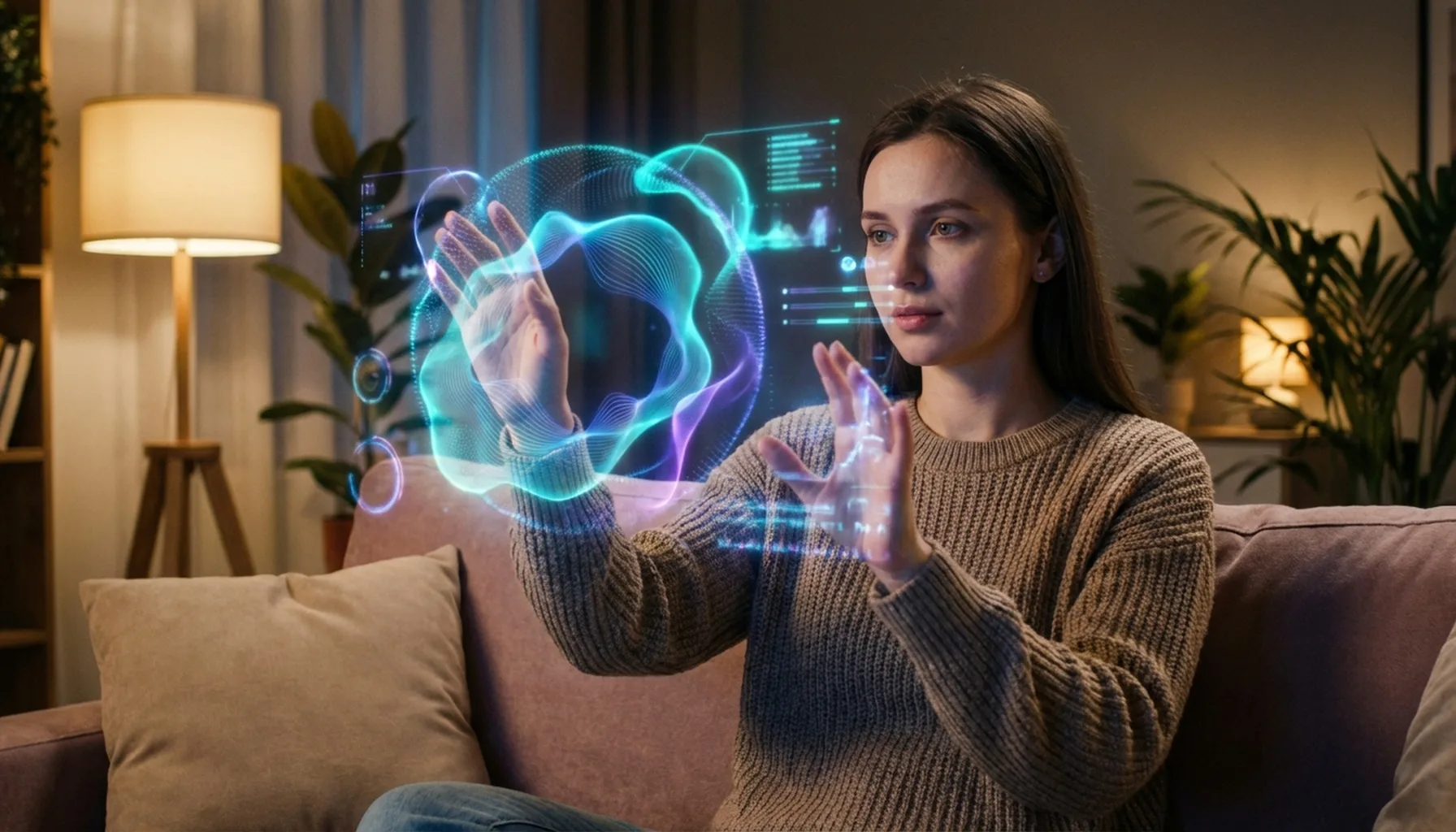 Иллюстрация к статье «Революция в каждом доме: ТОП-7 AI-технологий, которые стоит попробовать сегодня» — Молодая женщина славянской внешности в домашней обст…