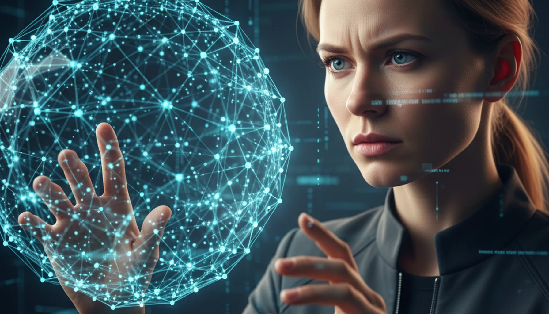 Иллюстрация к статье «Революция в поиске: Большой обзор Perplexity AI и битва с аналогами» — A focused data analyst with Eastern European features (Slavic ap…