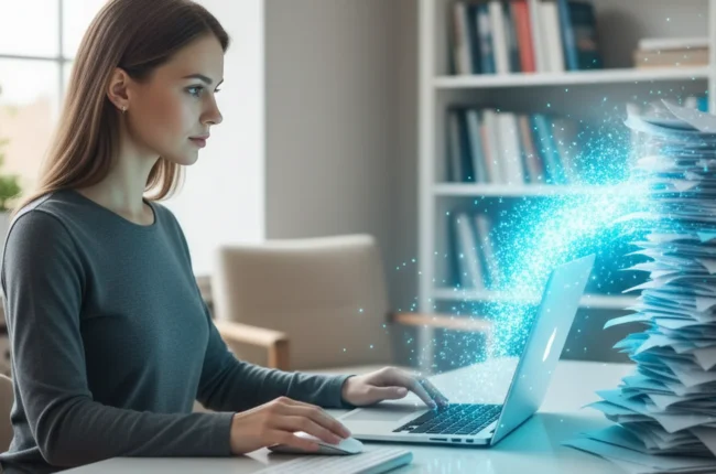 Иллюстрация к статье «Революция длинных текстов: Как использовать Kimi AI для работы с документами» — A focused professional with Slavic Eastern European app…