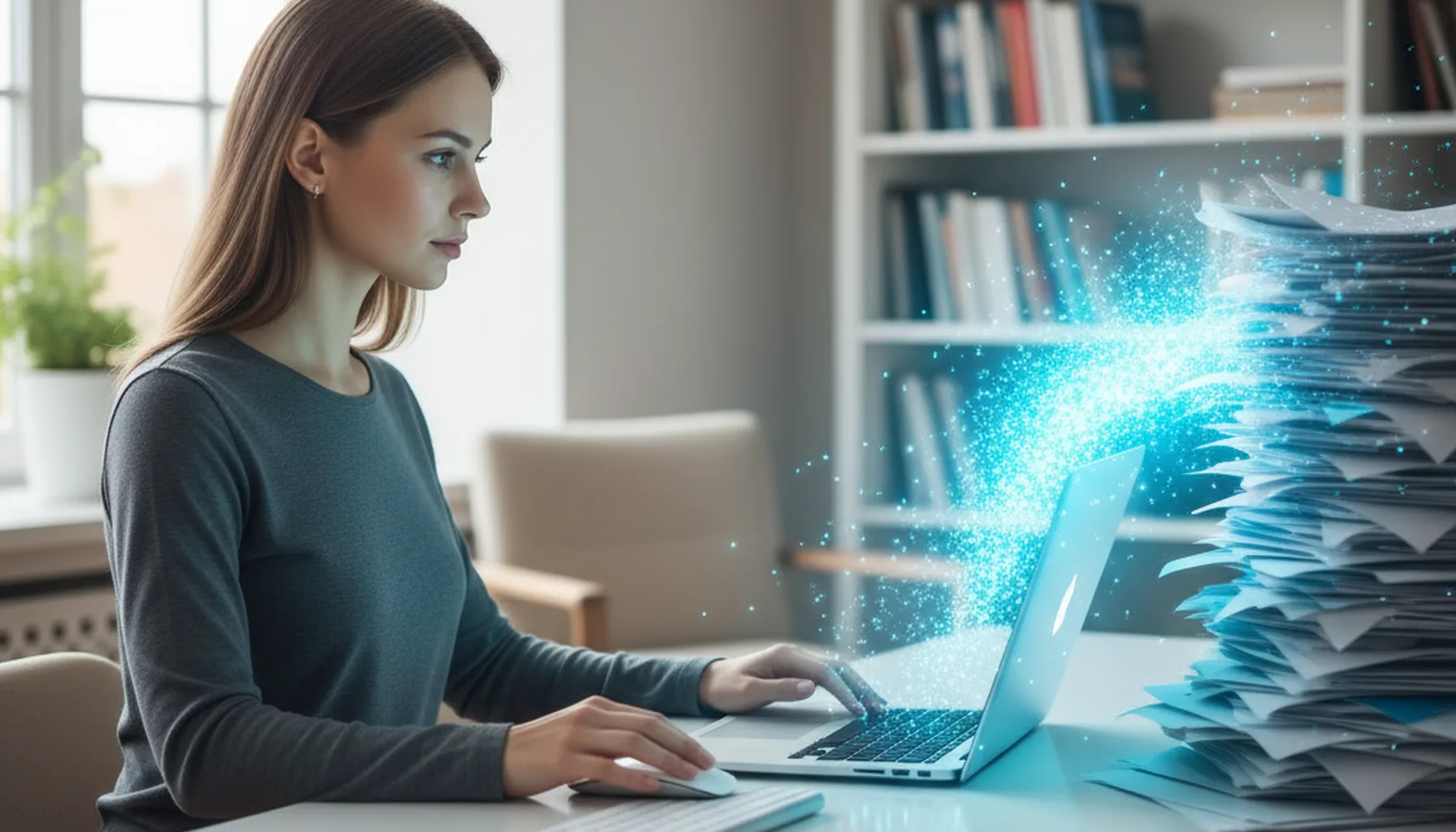 Иллюстрация к статье «Революция длинных текстов: Как использовать Kimi AI для работы с документами» — A focused professional with Slavic Eastern European app…