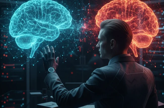 Иллюстрация к статье «Революция из Китая? Полный разбор возможностей Kimi AI на фоне GPT 5.2» — A professional data analyst of Slavic appearance (Eastern Eur…