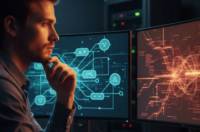 Иллюстрация к статье «Рейтинг AI-моделей для генерации кода: Кто реально помогает, а кто мешает?» — A focused male software developer with Eastern European (…