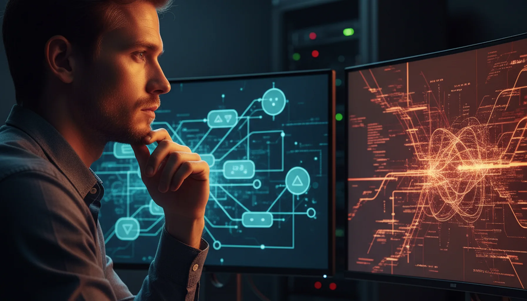 Иллюстрация к статье «Рейтинг AI-моделей для генерации кода: Кто реально помогает, а кто мешает?» — A focused male software developer with Eastern European (…