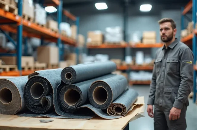 Иллюстрация к статье «Рубероид Одесса: цены на кровельные материалы» — A close-up of roofing materials, specifically ruberoid (roofing felt), with various ro…