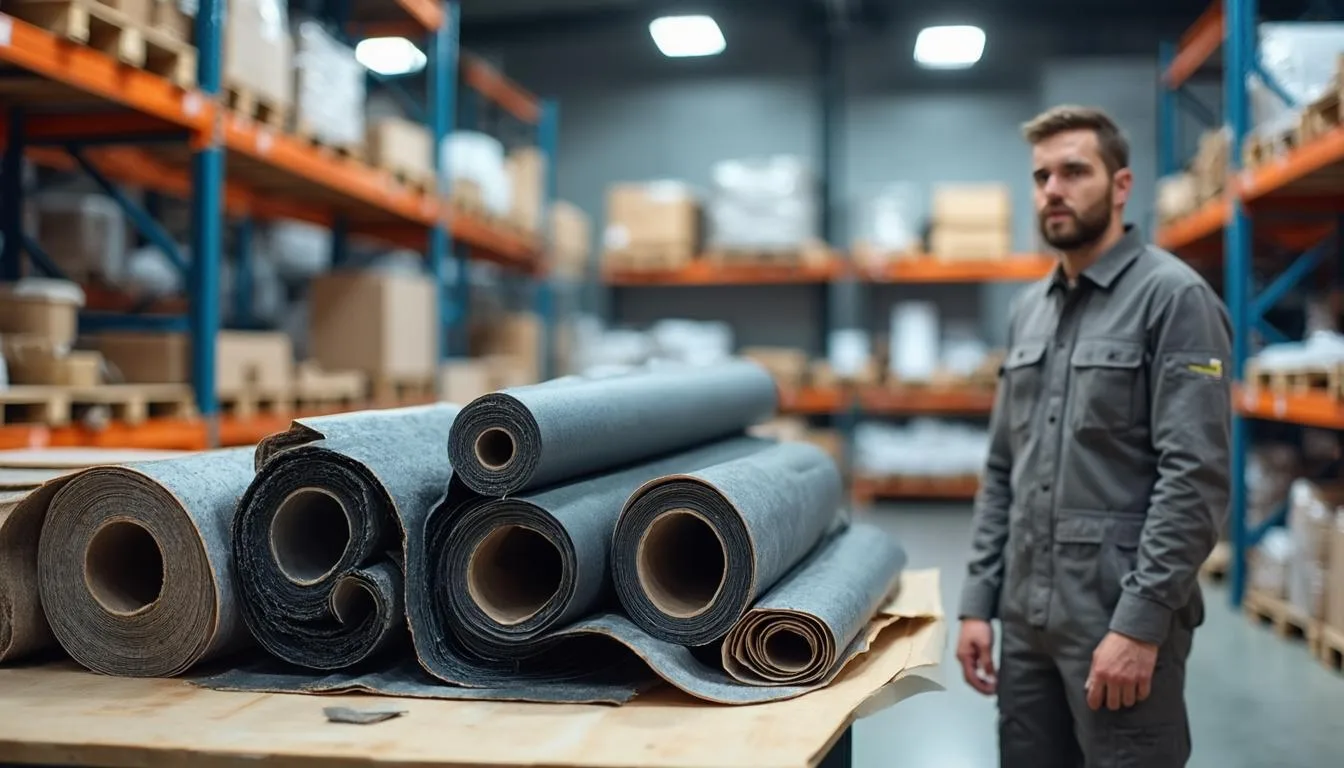 Иллюстрация к статье «Рубероид Одесса: цены на кровельные материалы» — A close-up of roofing materials, specifically ruberoid (roofing felt), with various ro…