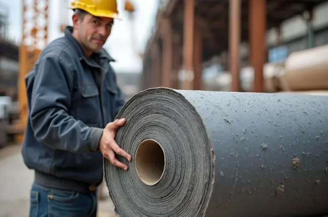 Иллюстрация к статье «Рубероид в Одессе: стоимость и где купить выгодно» — A roll of roofing material (ruberoide) with visible texture and material details, …