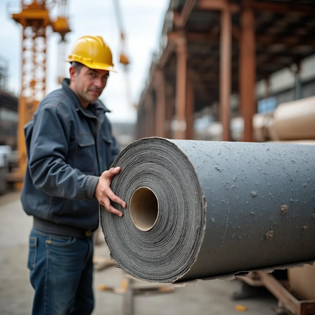 Иллюстрация к статье «Рубероид в Одессе: стоимость и где купить выгодно» — A roll of roofing material (ruberoide) with visible texture and material details, …