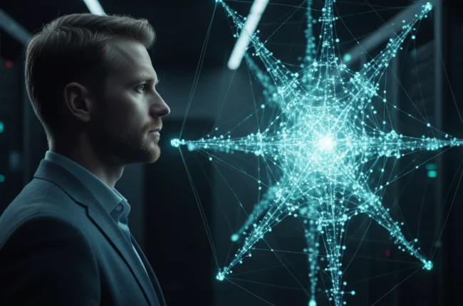 Иллюстрация к статье «Секрет успеха OpenAI: Как Сэм Альтман и ChatGPT изменили мир ИИ» — Мужчина со славянской внешностью, олицетворяющий визионера вроде Сэм…