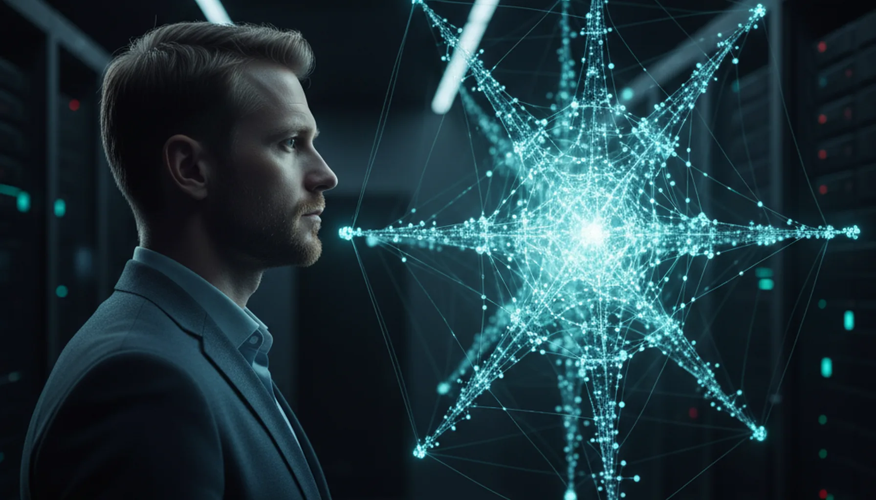 Иллюстрация к статье «Секрет успеха OpenAI: Как Сэм Альтман и ChatGPT изменили мир ИИ» — Мужчина со славянской внешностью, олицетворяющий визионера вроде Сэм…