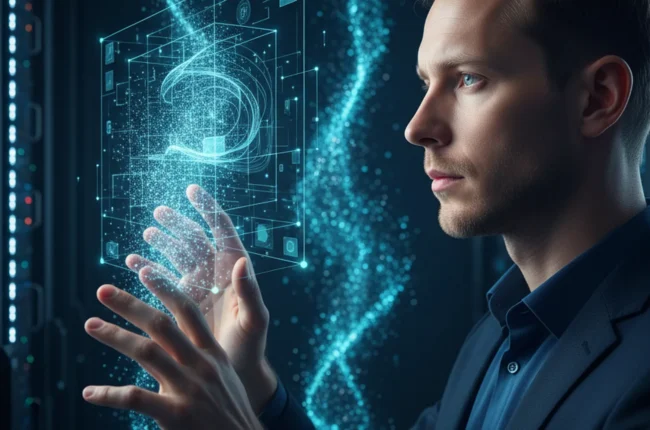 Иллюстрация к статье «Секреты Kimi AI: Почему этот китайский ИИ лучше справляется с большими данными» — A professional data analyst of Slavic appearance (Eas…