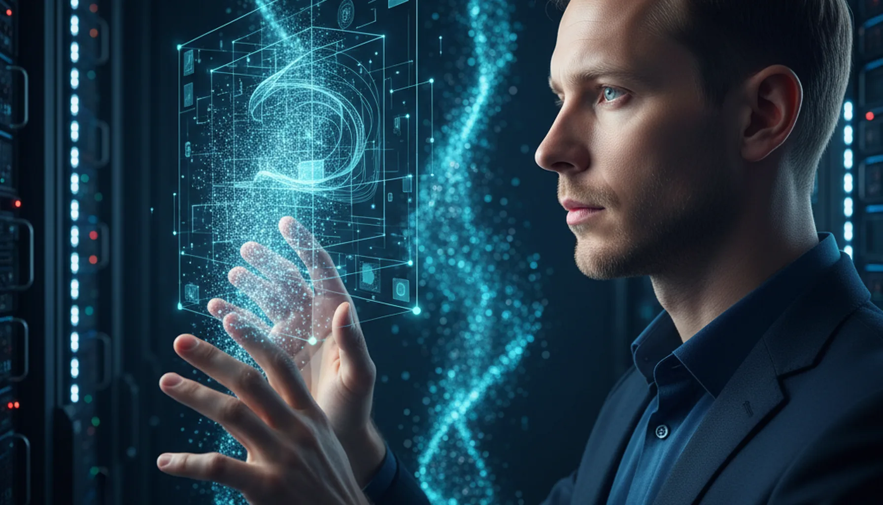 Иллюстрация к статье «Секреты Kimi AI: Почему этот китайский ИИ лучше справляется с большими данными» — A professional data analyst of Slavic appearance (Eas…