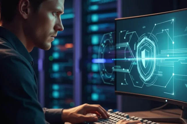 Иллюстрация к статье «Секреты файла wp-config.php: Как ускорить и обезопасить ваш WordPress сайт» — A focused male IT specialist with Slavic appearance (East…