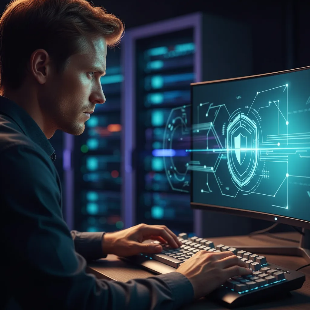 Иллюстрация к статье «Секреты файла wp-config.php: Как ускорить и обезопасить ваш WordPress сайт» — A focused male IT specialist with Slavic appearance (East…