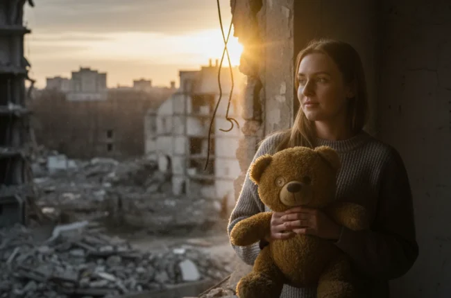 Иллюстрация к статье «Сектор Газа: Личные истории и хроники выживания в эпицентре конфликта» — Молодая женщина славянской внешности, бережно держащая в руках…