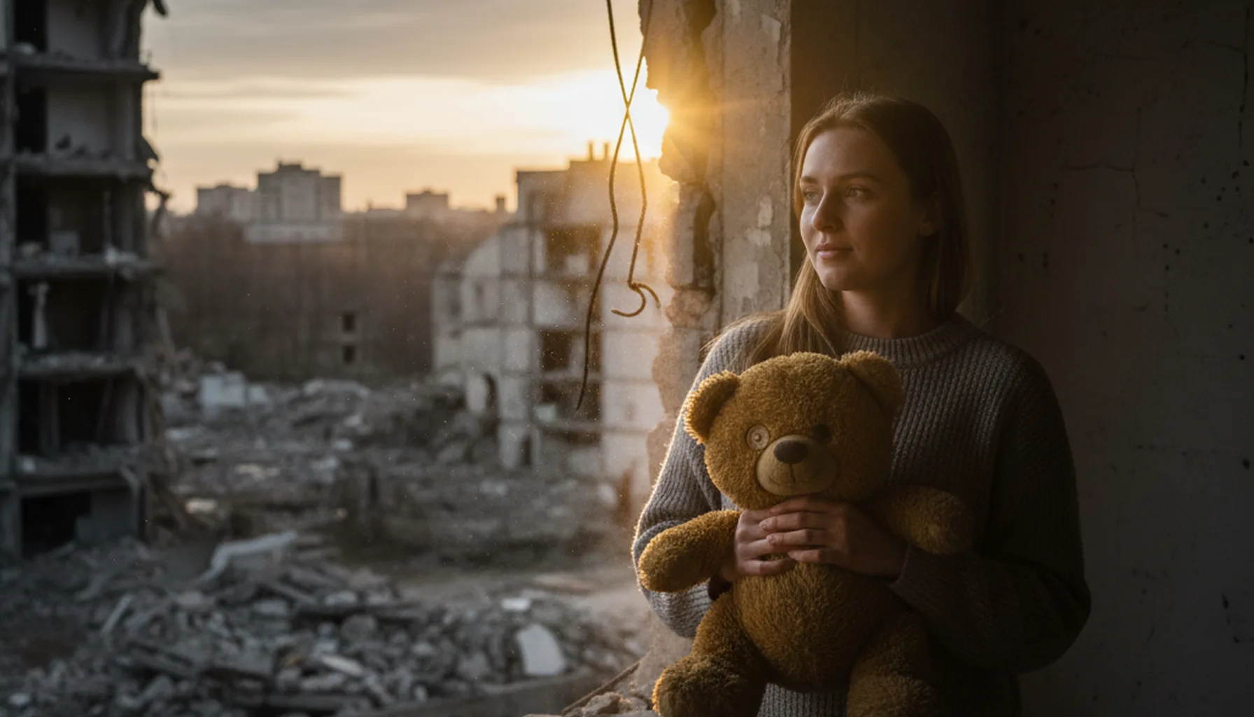 Иллюстрация к статье «Сектор Газа: Личные истории и хроники выживания в эпицентре конфликта» — Молодая женщина славянской внешности, бережно держащая в руках…