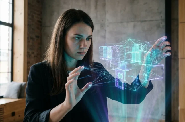 Иллюстрация к статье «Симбиоз человека и ИИ: ключ к беспрецедентной креативности и продуктивности» — Молодая женщина-архитектор славянской внешности, сосредо…