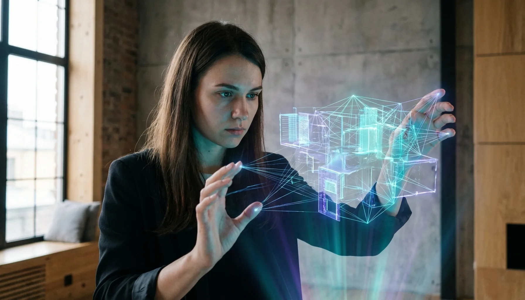Иллюстрация к статье «Симбиоз человека и ИИ: ключ к беспрецедентной креативности и продуктивности» — Молодая женщина-архитектор славянской внешности, сосредо…