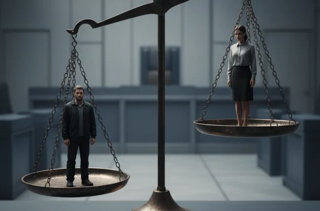 Иллюстрация к статье «Справедливость для кого? Исследование гендерных предубеждений в современном правосудии» — Весы правосудия. На одной чаше стоит фигура м…