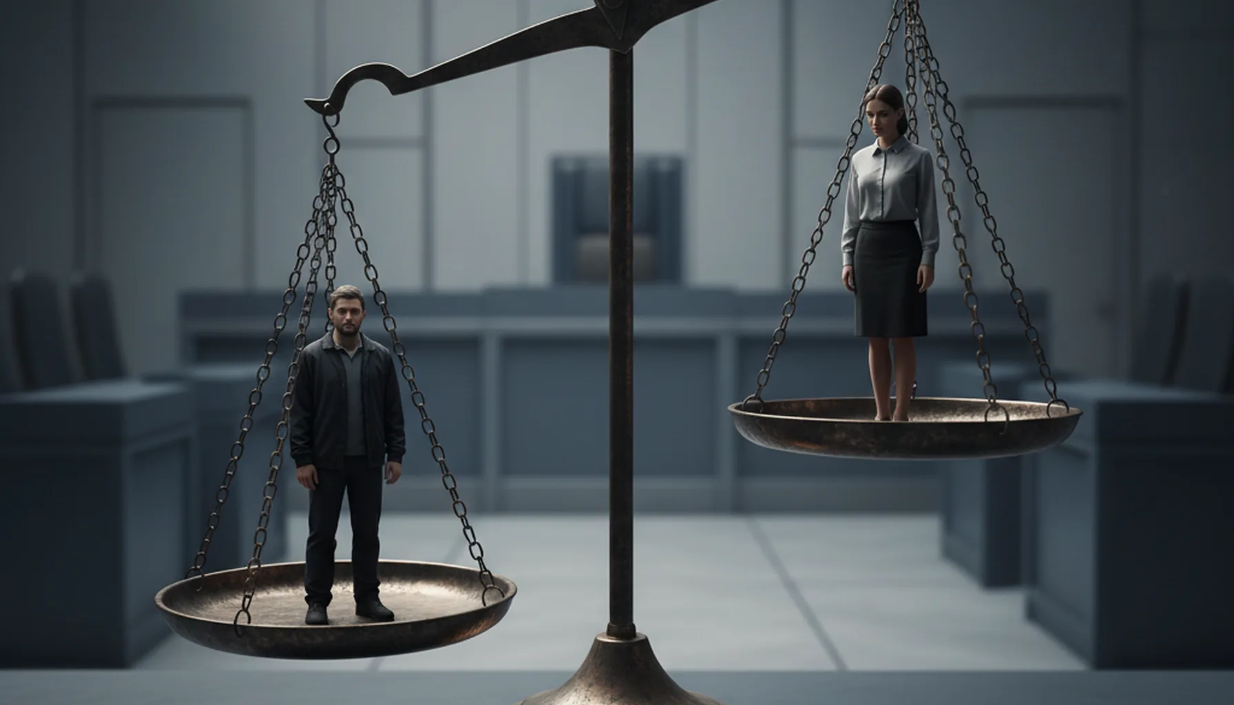 Иллюстрация к статье «Справедливость для кого? Исследование гендерных предубеждений в современном правосудии» — Весы правосудия. На одной чаше стоит фигура м…