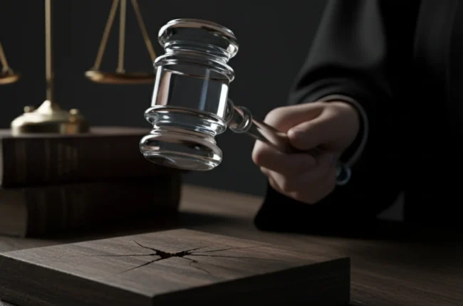 Иллюстрация к статье «Стеклянный молоток: почему в судах до сих пор существует гендерная дискриминация» — Женская рука в черной судейской мантии держит молот…