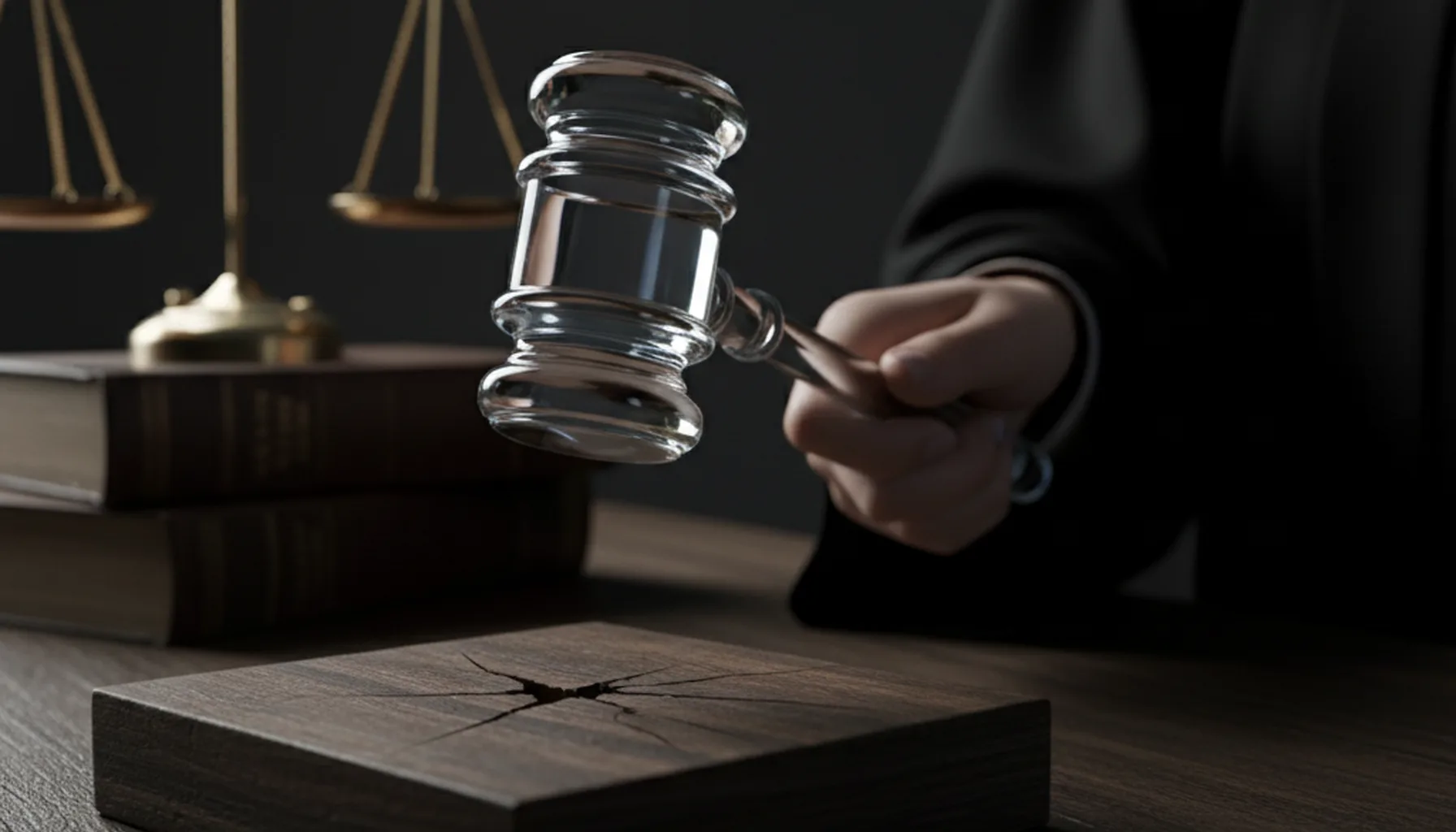 Иллюстрация к статье «Стеклянный молоток: почему в судах до сих пор существует гендерная дискриминация» — Женская рука в черной судейской мантии держит молот…