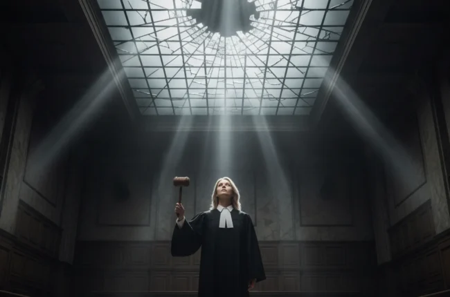 Иллюстрация к статье «Стеклянный потолок или скамья подсудимых: гендерные стереотипы в правосудии России, США и ЕС» — Женщина славянской внешности в судейско…