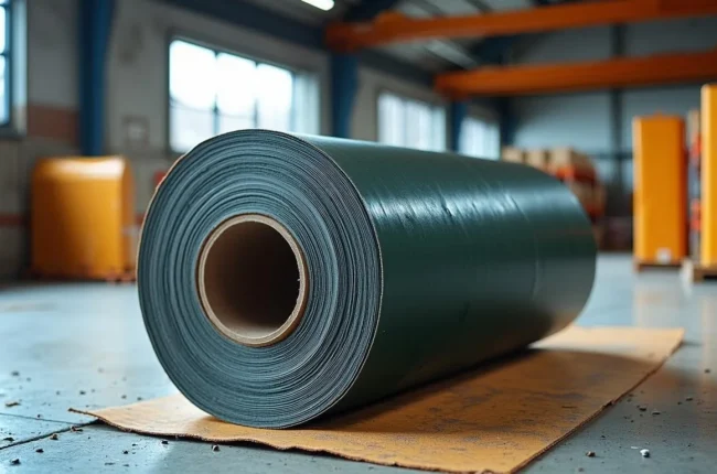 Иллюстрация к статье «Стоимость рубероида в Одессе за рулон» — A roll of roofing material (ruberoide) with visible texture and edges, A construction site or …