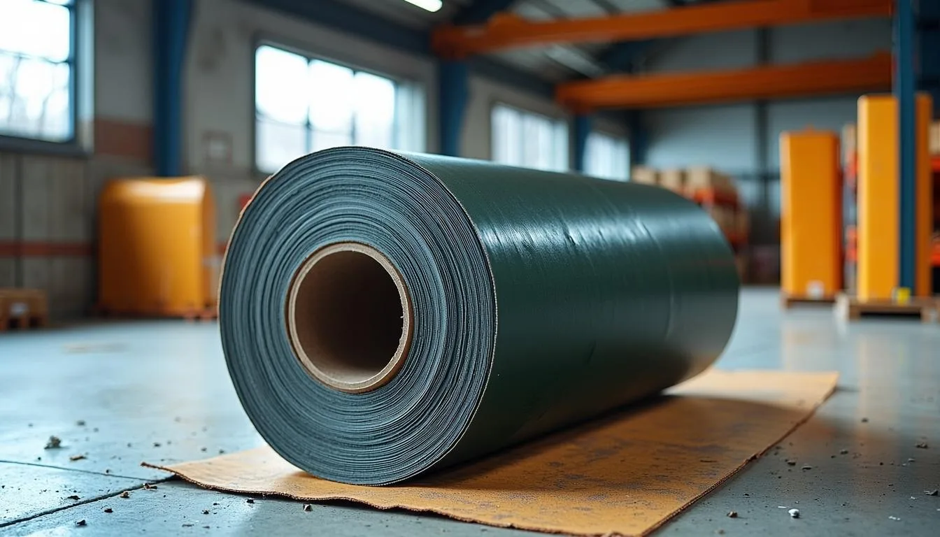 Иллюстрация к статье «Стоимость рубероида в Одессе за рулон» — A roll of roofing material (ruberoide) with visible texture and edges, A construction site or …