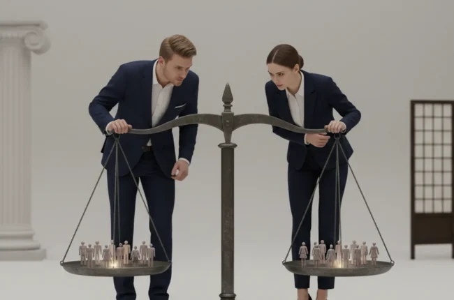 Иллюстрация к статье «Судебная система США и Азии: исследование гендерного состава и преобладающего пола» — Мужчина и женщина славянской внешности в строгой …