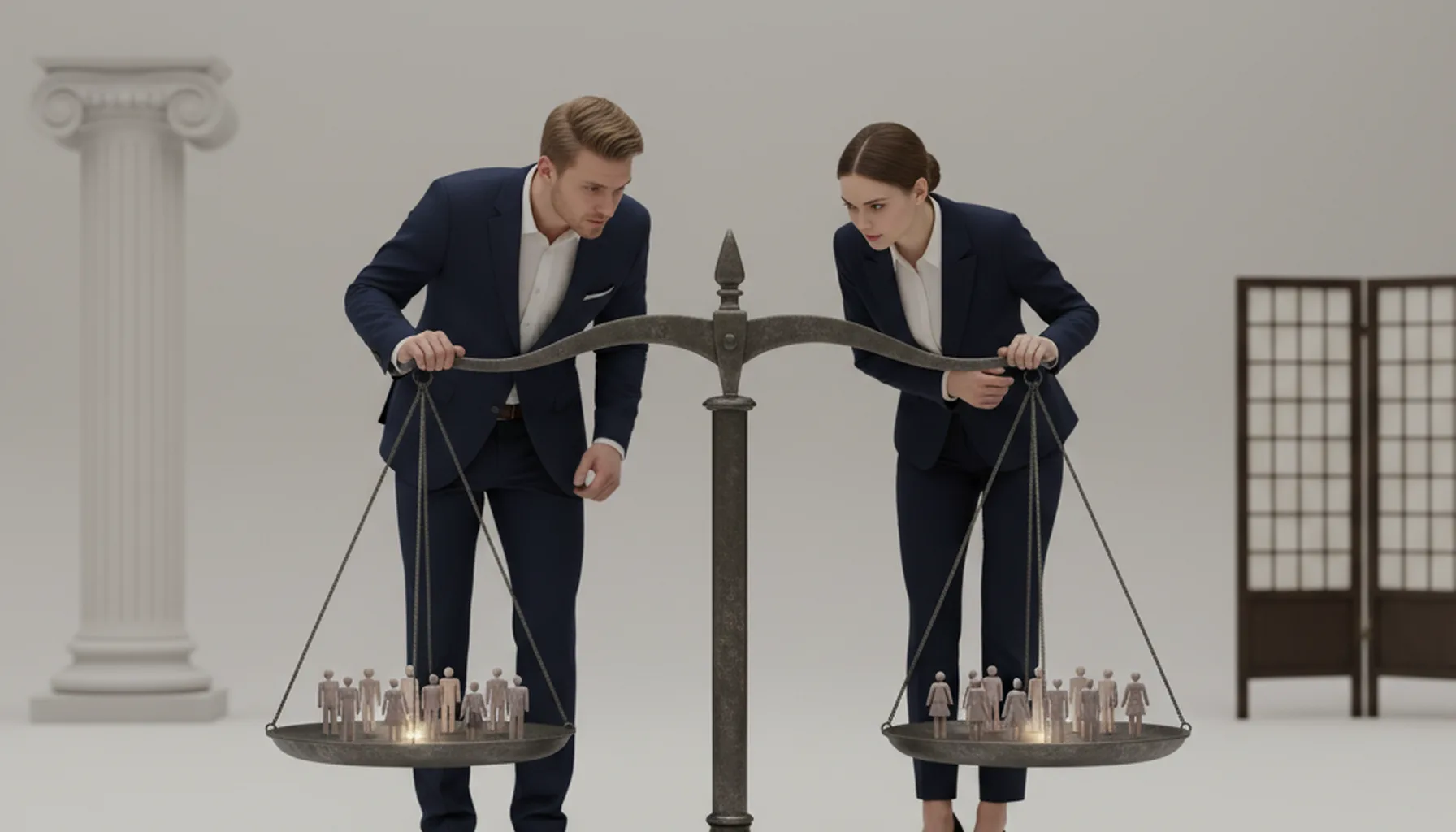 Иллюстрация к статье «Судебная система США и Азии: исследование гендерного состава и преобладающего пола» — Мужчина и женщина славянской внешности в строгой …