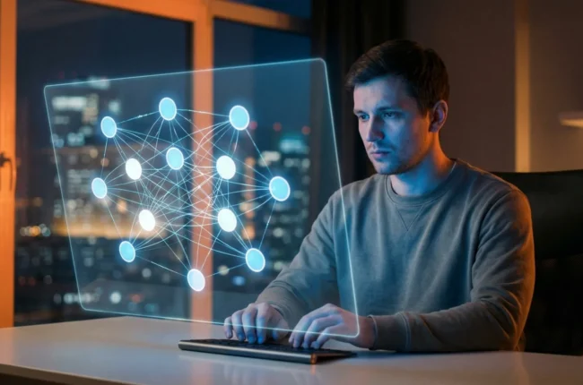 Иллюстрация к статье «ТОП-10 ИИ-моделей для программирования в 2025 году: Полный обзор и сравнение» — Программист славянской внешности, мужчина 25-30 лет, со…