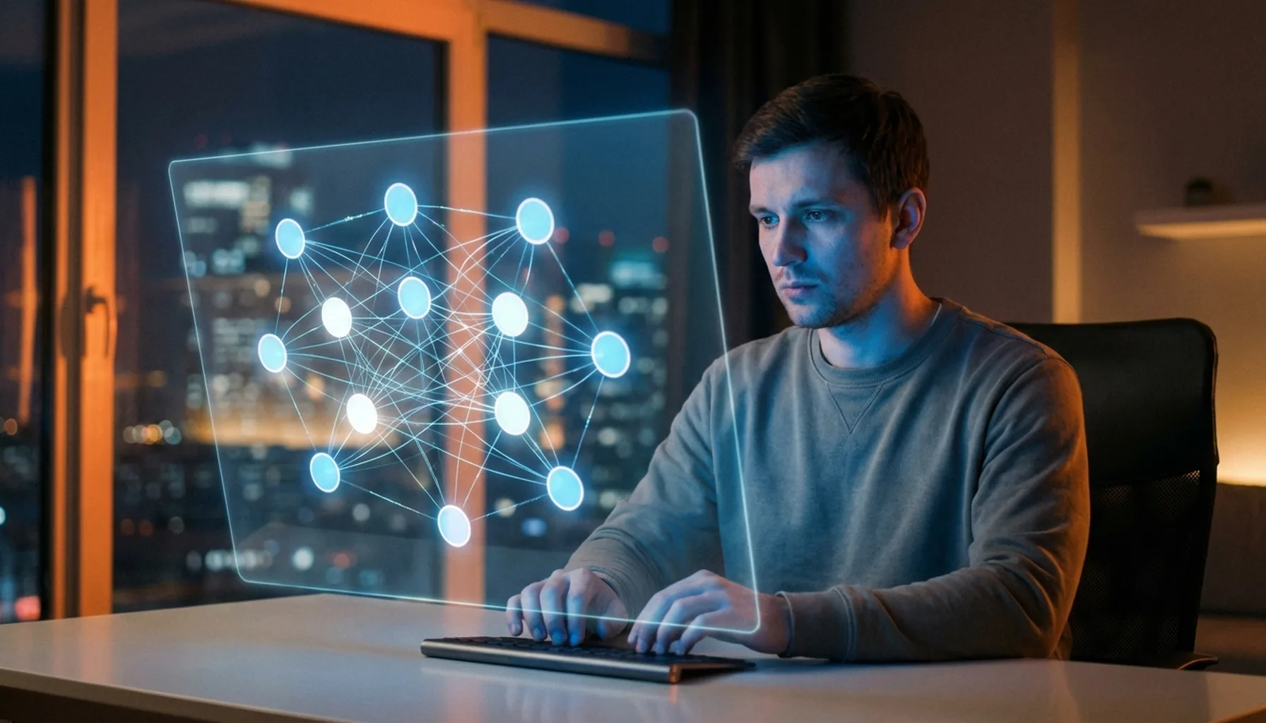 Иллюстрация к статье «ТОП-10 ИИ-моделей для программирования в 2025 году: Полный обзор и сравнение» — Программист славянской внешности, мужчина 25-30 лет, со…