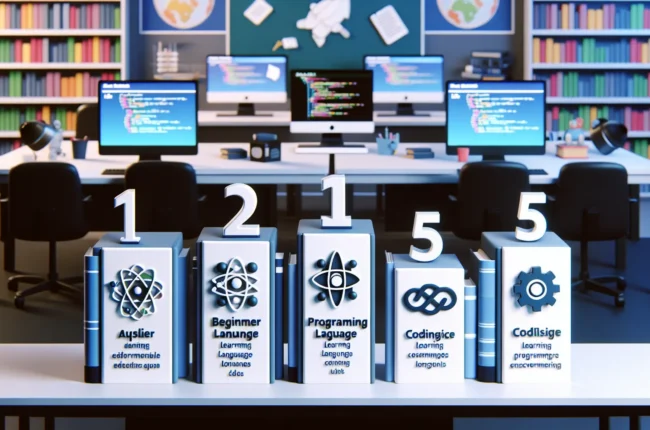 Иллюстрация к статье «ТОП-5 языков программирования для начинающих школьников» — группа из двух-трёх школьников славянской внешности, сидящих за ноутбуками и…