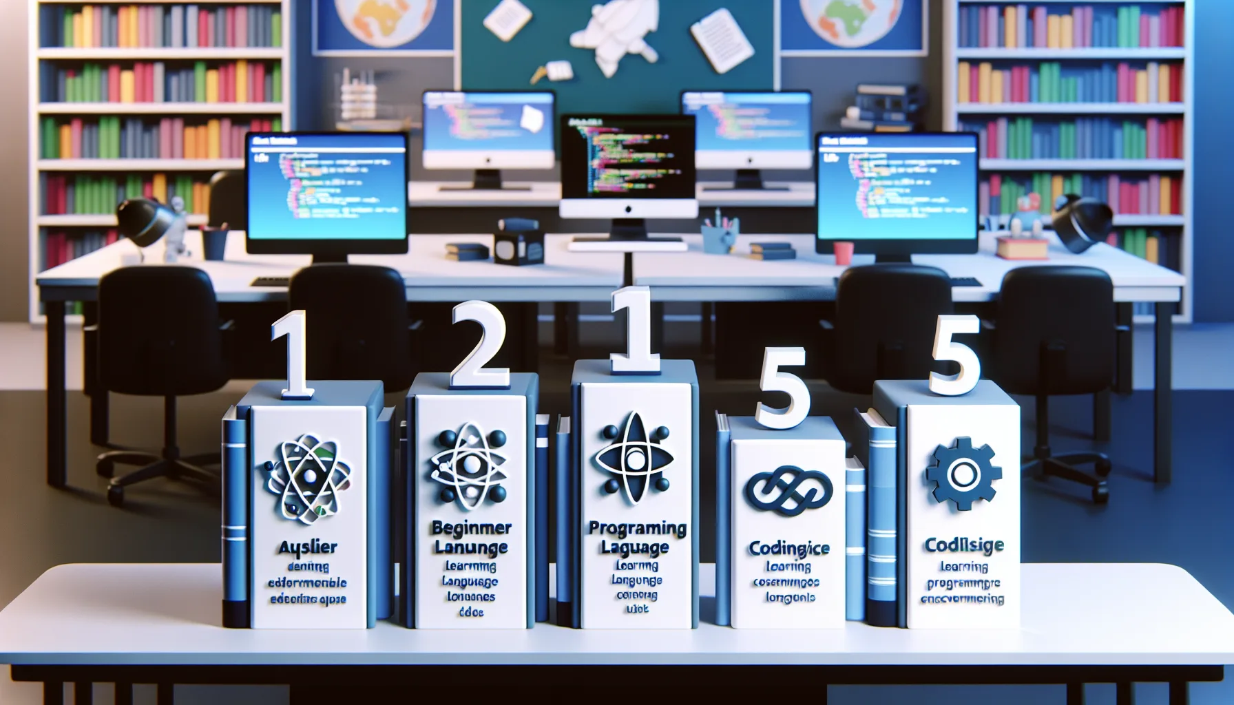 Иллюстрация к статье «ТОП-5 языков программирования для начинающих школьников» — группа из двух-трёх школьников славянской внешности, сидящих за ноутбуками и…