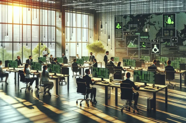 Иллюстрация к статье «Тенденции использования Linux в крупных компаниях и их влияние на рынок» — группа профессионалов, работающих за компьютерами с логотипа…